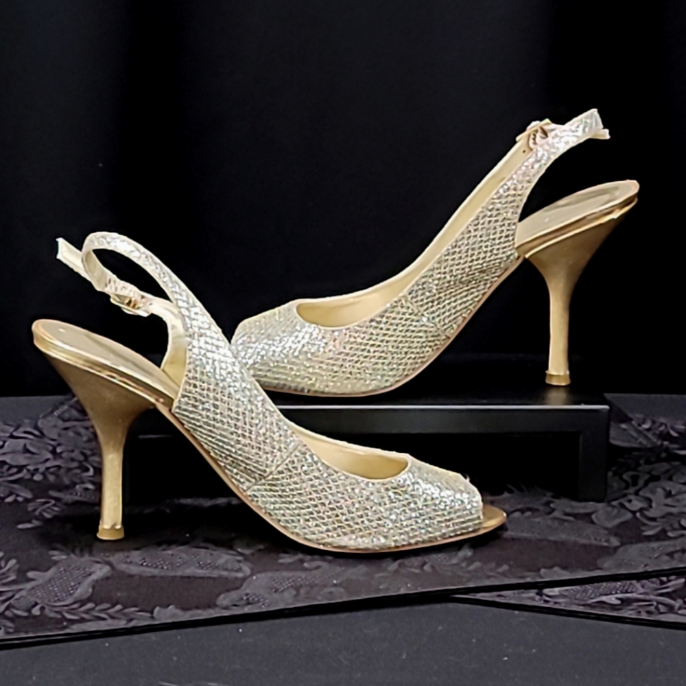 Nine West - Size 8.5 - Gold Glitter Sling Back Peep Toe Heels